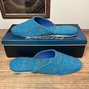 Vintage Retro 1960-70s Slippers Slides Tweed Look Blue Gold 7.5 Womens Shoe NEW
